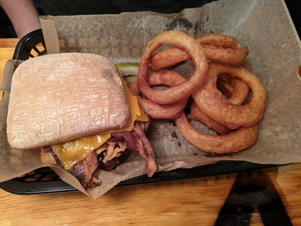 BBQ Bourbon Burger with Onion Rings